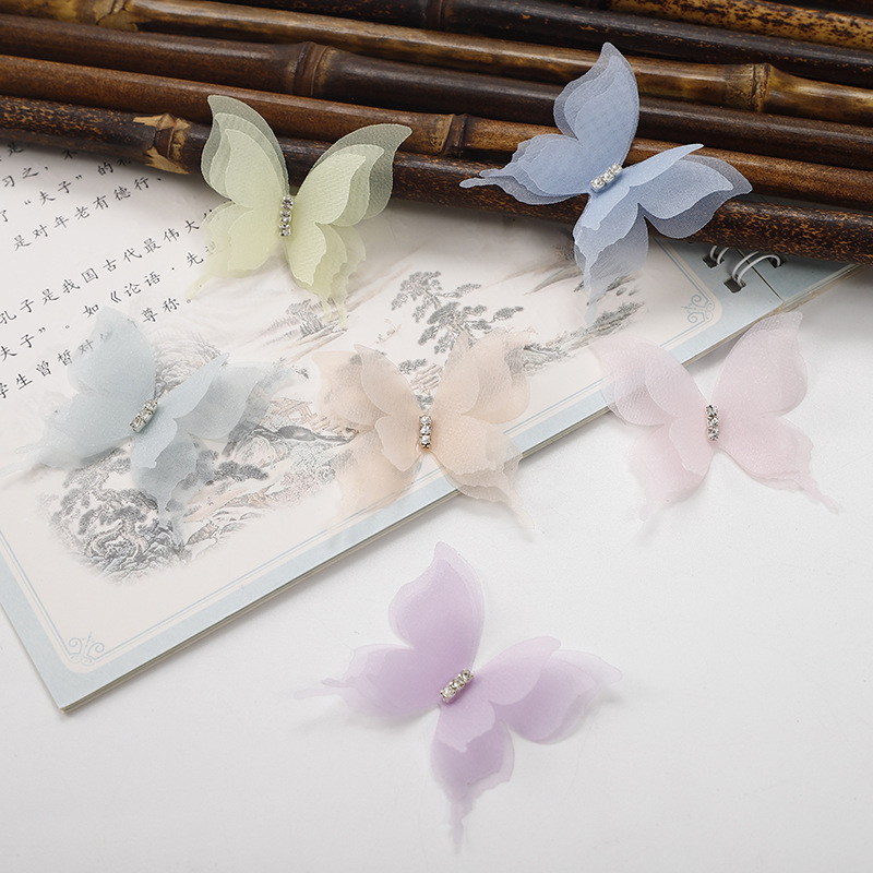 Summer new three-layer with diamond three-dimensional gauze butterfly colorful artificial fabric diy hair accessories clothing accessories
