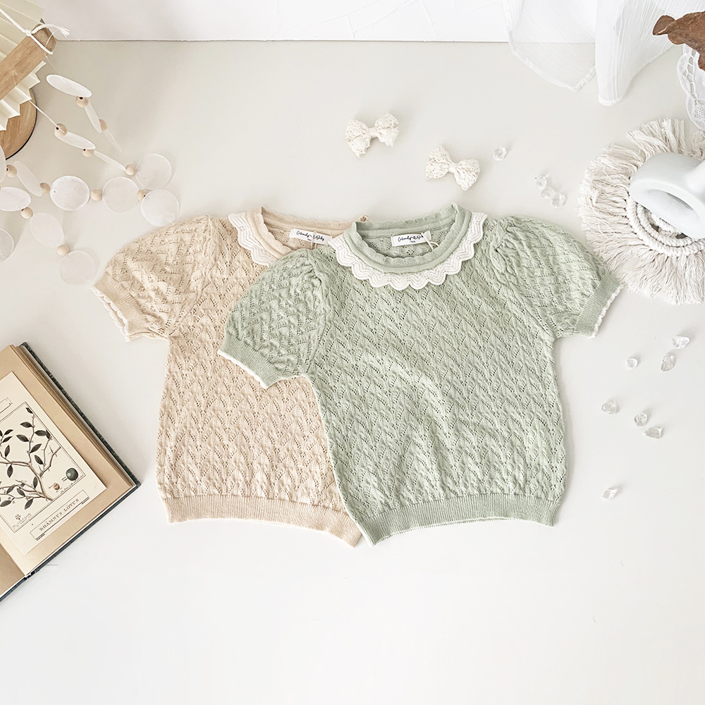 Cutemily Cross-Border Baby Girls' Hoodie with Lacy Knit, Thin, Cute Wave Collar Knit Short Sleeve