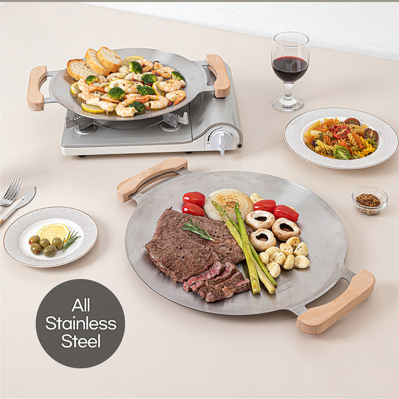 Outdoor Camping Stainless Steel Barbecue Plate Portable Barbecue Plate Barbecue Plate Bracket Liftable Tripod Wooden Handle Frying Plate