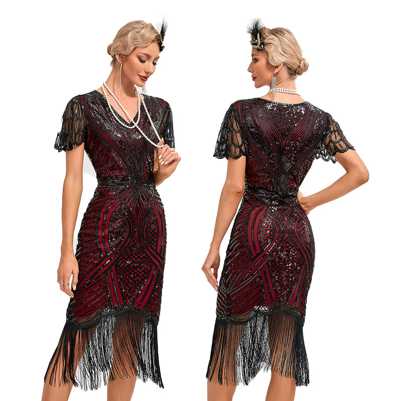 1920s retro dance party embroidered tassel dress cocktail party plus size sequined beaded mesh jumpsuit