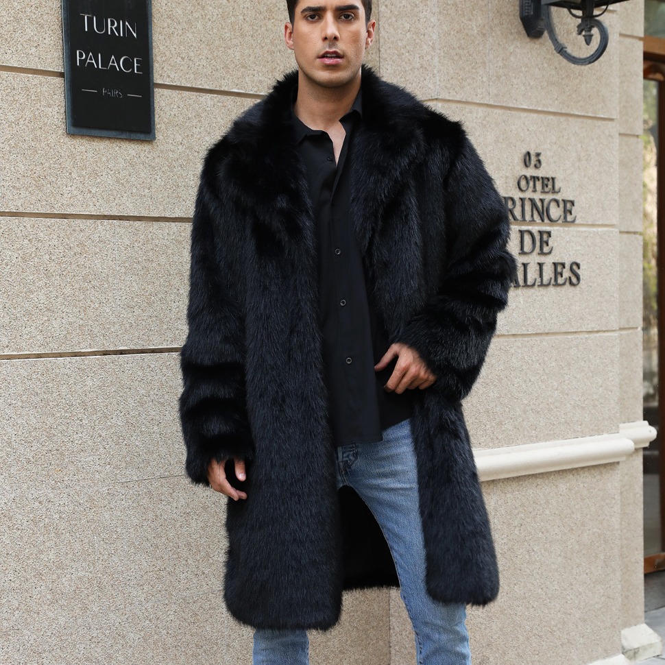 F0674 cross-border European and American popular men's suit collar coat artificial fur faux fox fur thickened mid-length coat