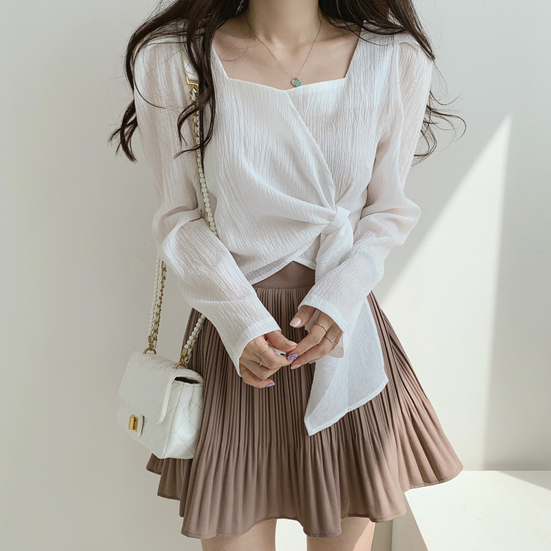 Spring and Autumn Top Design Sense Fashion 2023 Korean Style Square Collar Shirt Bubble Long Sleeve Strap Slim Elegant Shirt for Women