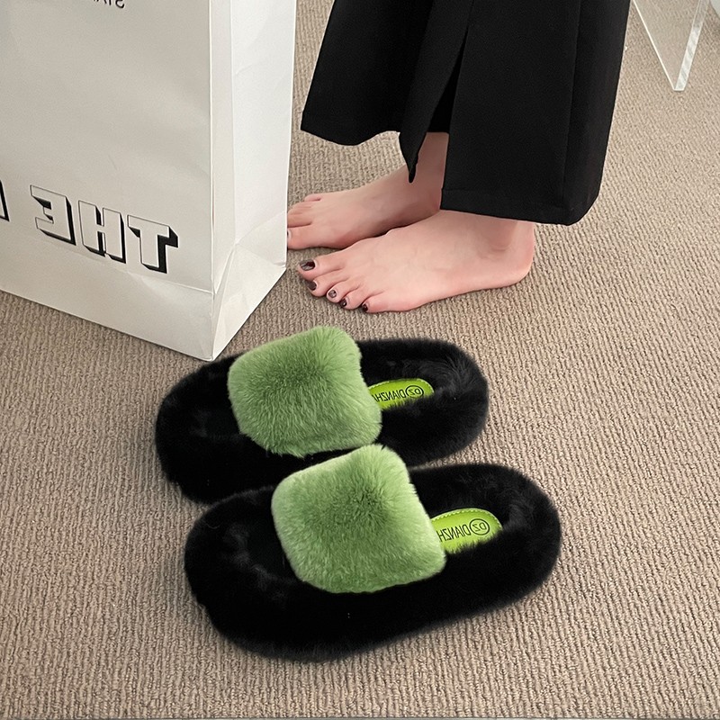 Women's thick-soled two-color plush slippers, 2023 autumn and winter plush indoor home lazy cotton slippers