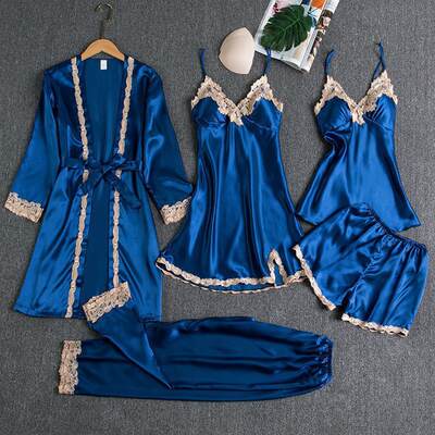 Foreign Trade Cross-border New Style Pajamas with Chest Pad Silk Sexy Sling Sling Golden Flower Five-piece Set Pajamas Thin Home Clothes