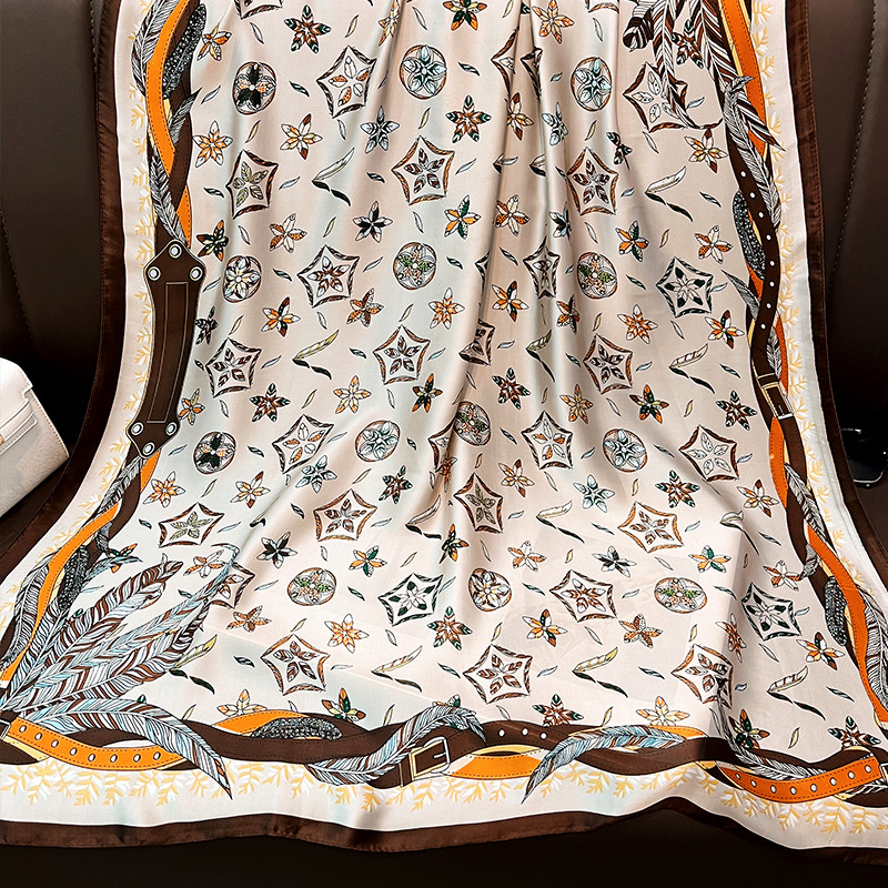 Silk Scarf Women's Spring and Autumn New Arrival Brocade Satin Large Long Scarf Korean Fashion Printed Scarf Air Conditioning Shawl Outer Beach Towel