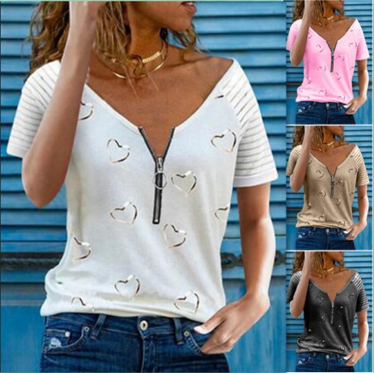 2021 New Amazon wish European and American Cross-border Women's Printed V-neck Zipper Casual Loose Short-sleeved T-shirt
