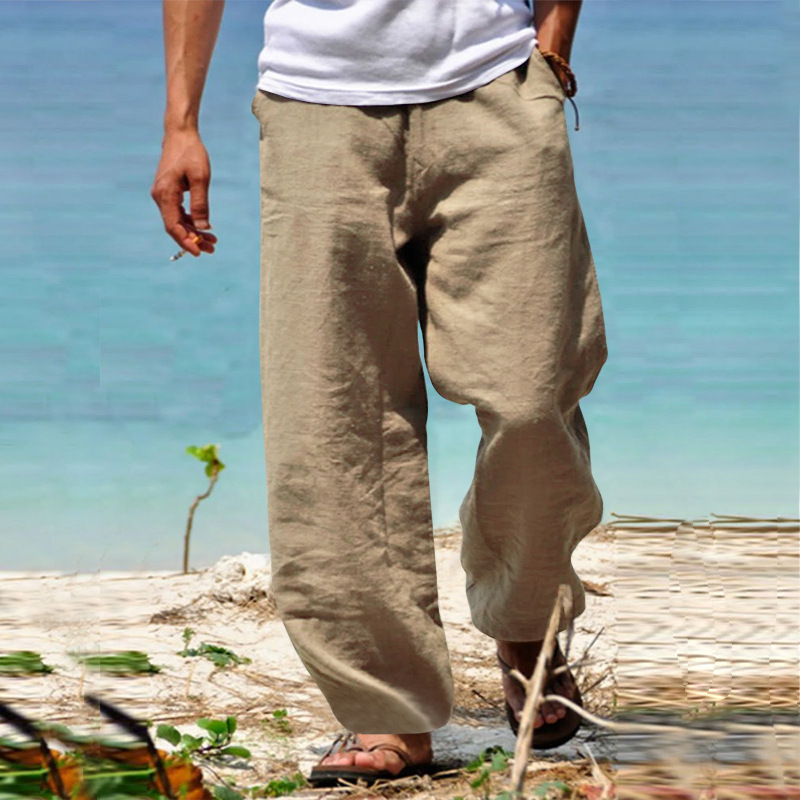European and American Cotton and Linen Casual Pants 2023 Spring New Men's Loose Cotton and Linen Drawstring Hip-Hop Light Wide Leg Straight Pants Men's Wear