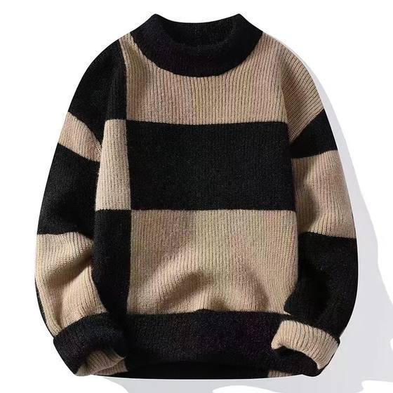 Autumn and Winter half turtleneck knitted bottoming shirt men's fashion brand contrast color sweater youth casual all-matching trendy top