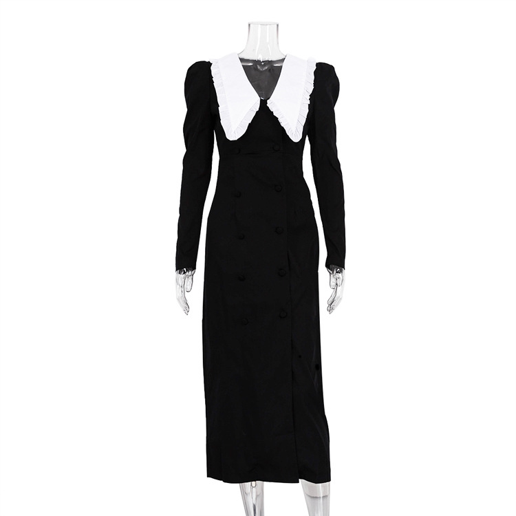 2023 European and American new autumn and winter women's clothing trend black and white contrast color split long dress doll collar long sleeve French style dress