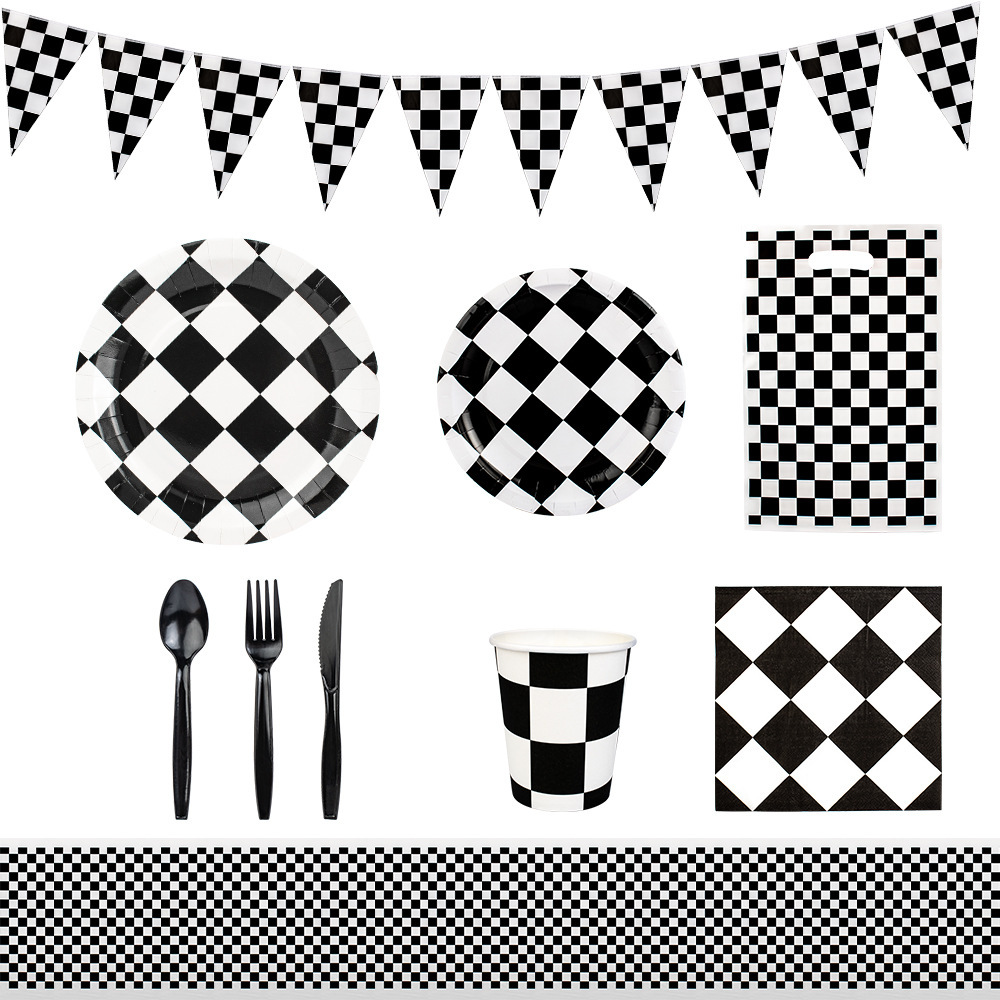 Amazon Black and White Plot Birthday Party Set Paper Tray Paper Towel Paper Cup Birthday Party Decoration Racing Mosaic