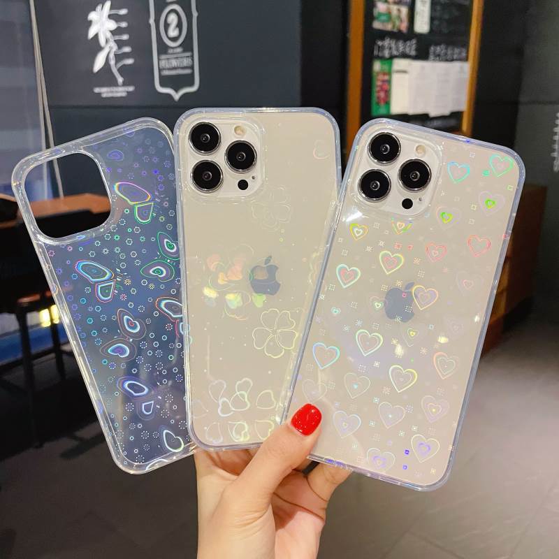 適用iPhone13promax鐳射極光手機殼蘋果14花蝴蝶愛心IMD透明11殼