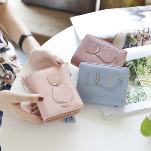 Korean-style Sweet Cute Cat Solid Color Vertical 2-fold Zipper Buckle Tassel Short Student Women's Wallet Wallet