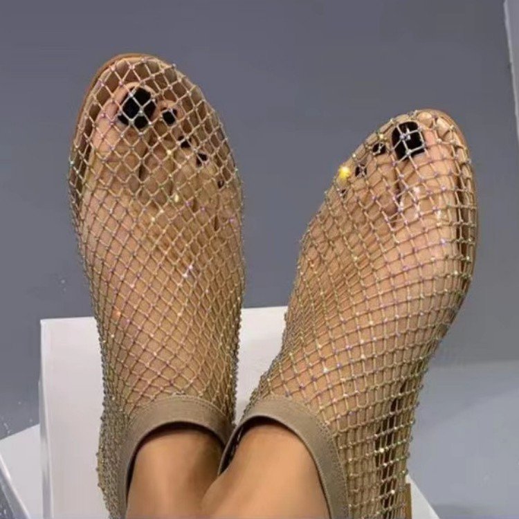 2024 Summer New Round Toe Sandals with Diamond Ankle Boots Summer Sexy Cross-border Large Size Flat Hollow-out Sandals for Women