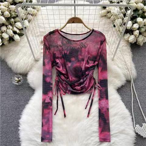 Summer new style Chinese style ink painting printed long-sleeved T-shirt round neck drawstring waist short mesh elastic top