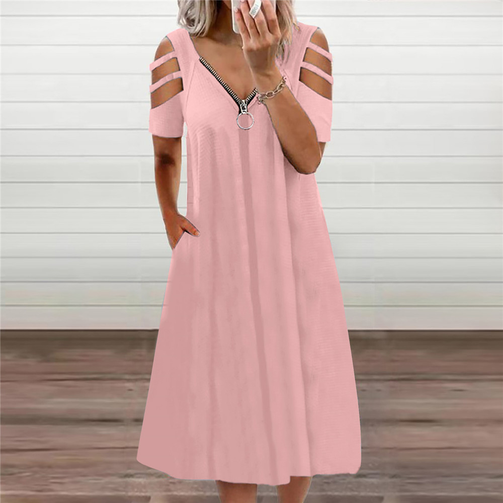 2023 Summer Cross-border European and American Women's wish Independent Station Hot V-neck Sexy Solid Color Zipper Short-sleeved Dress