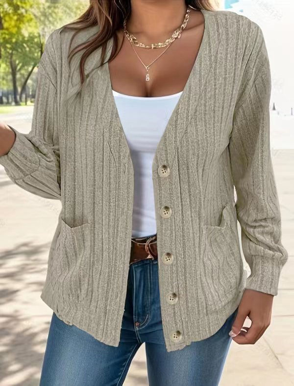 Fall/Winter 2023 European and American cross-border new TEMU women's clothing Amazon solid color button V-neck loose long-sleeved cardigan for women