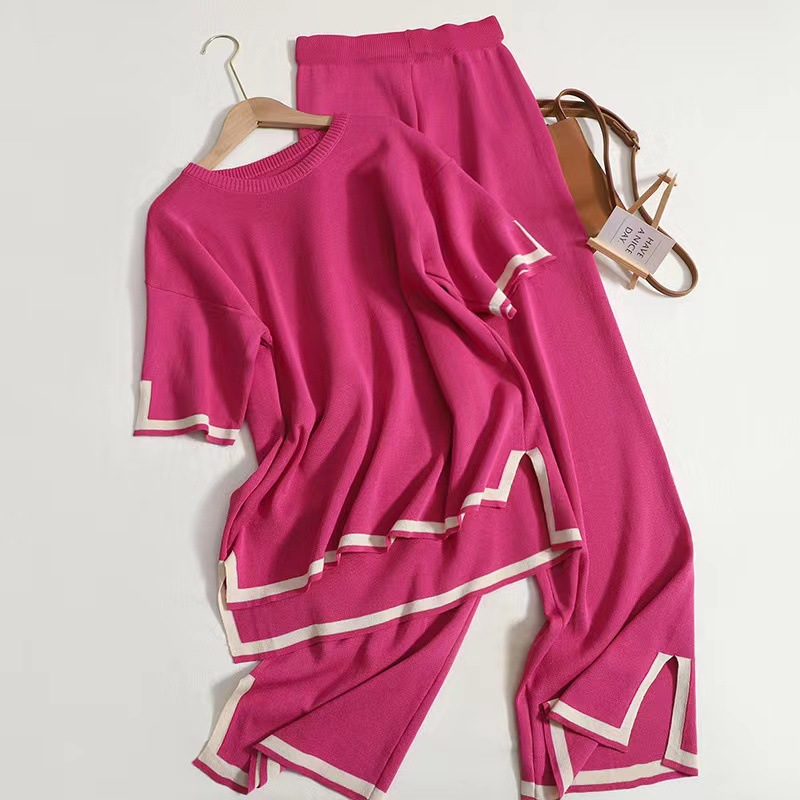 New fashion suit temperament contrast color split short sleeve sweater + high waist slim wide leg pants pants two-piece set
