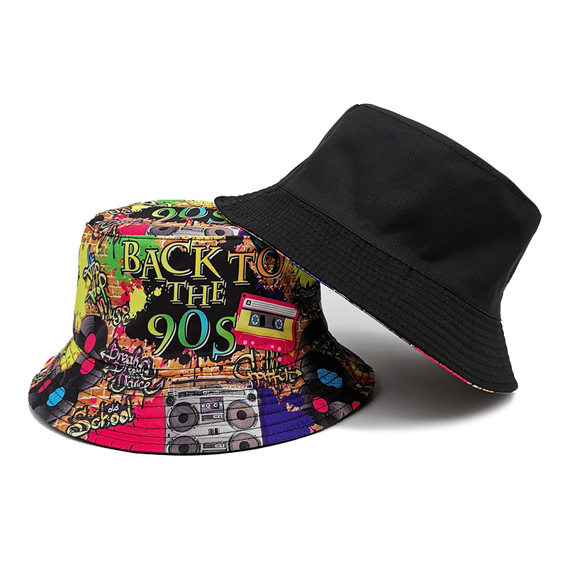 Chapeau de pêcheur à motif de ruban adhésif rétro nostalgique européen et américain des années 80 et 90 pour femme, chapeau de protection solaire d'extérieur double face pour printemps et été_voghion.com