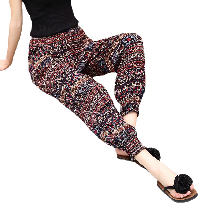 Beach Pants Women's Summer Women's Cotton Silk Harem Casual Pants Thin Ethnic Style Anti-mosquito Pants Women's Bloomers Cotton