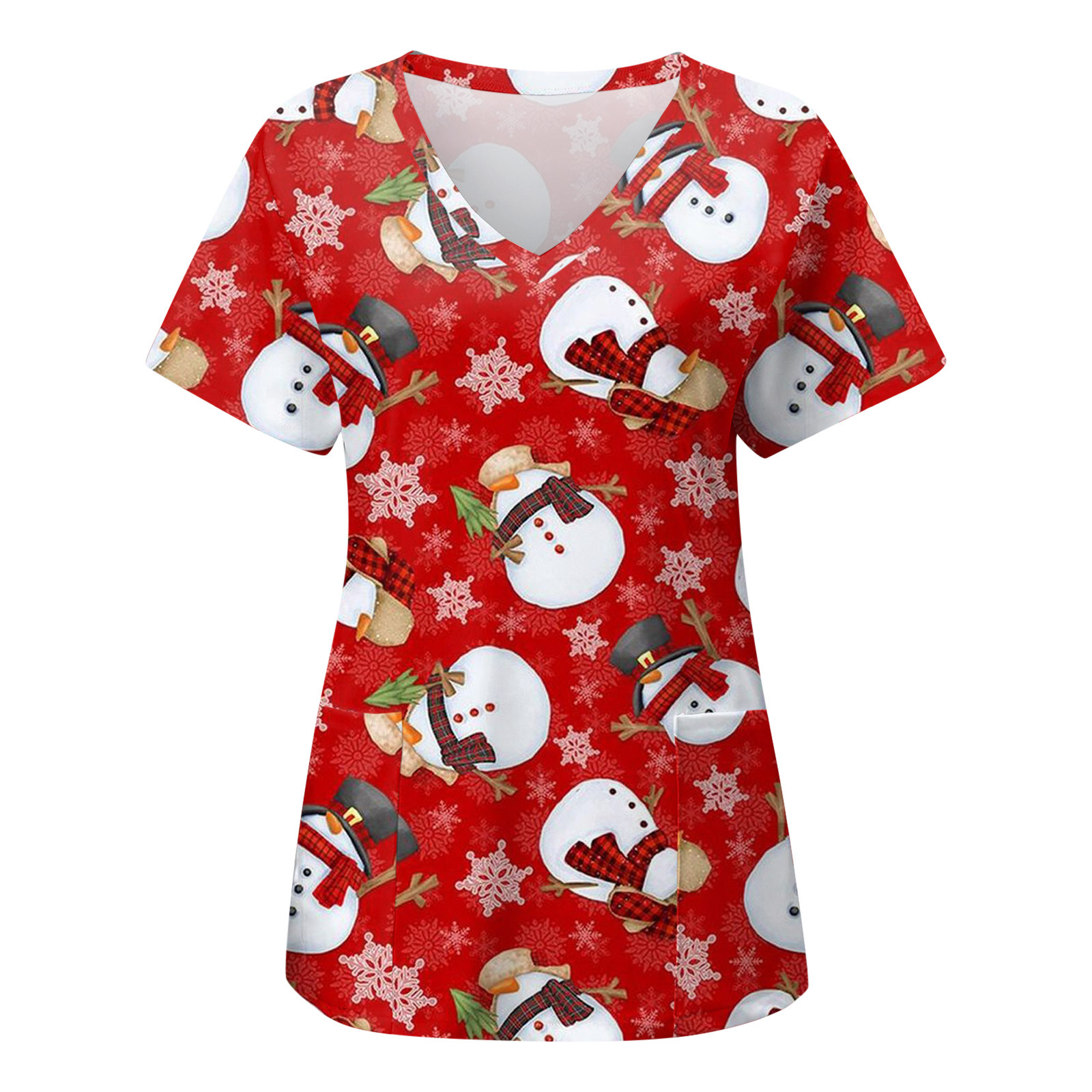 2023 Independent station Foreign trade autumn and winter New Christmas digital 3D printing V-neck pocket short sleeve t-shirt women's protective clothing