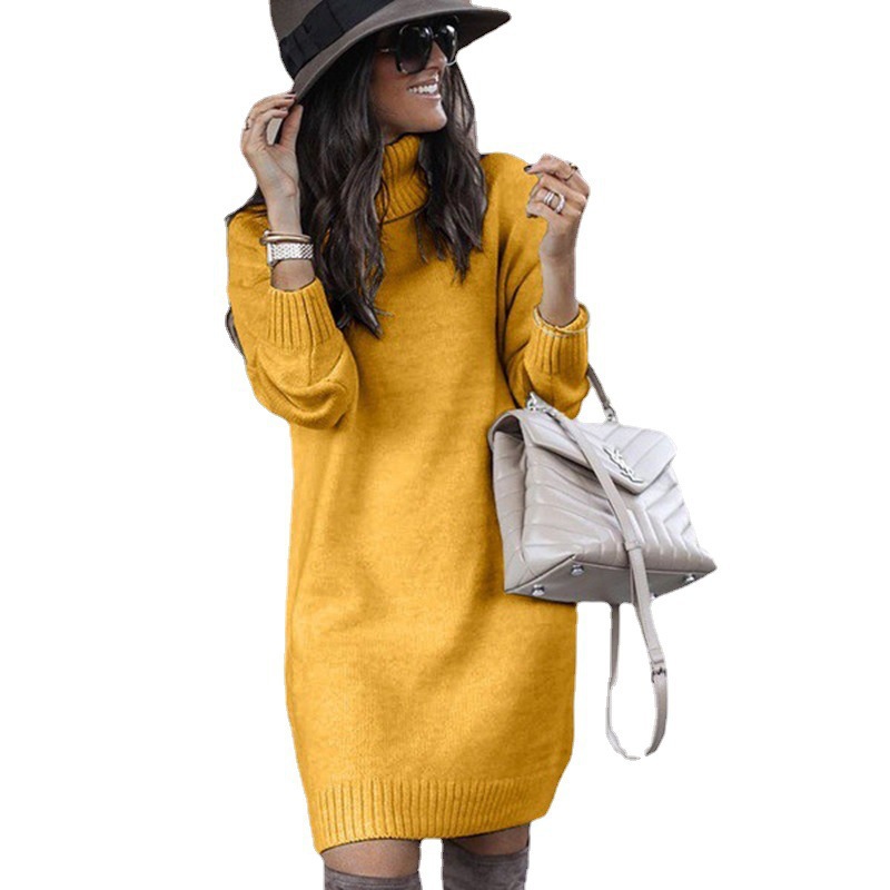 2021 European and American Sweater Amazon wish Women's Mid-length High Collar Top Knitted Sweater Coat Cross-border Women's Wear