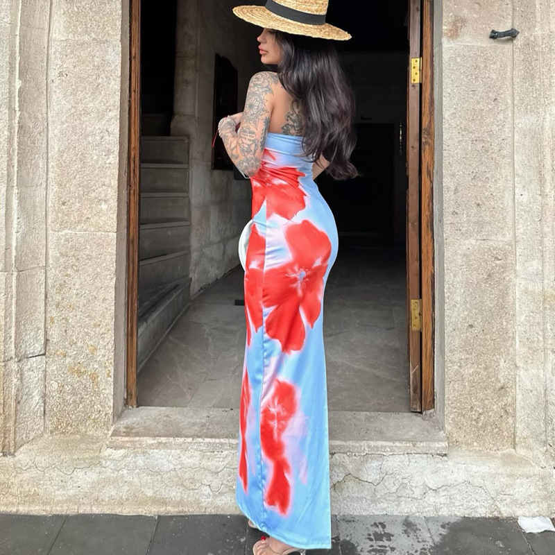D24DS121 European and American Women's Cross-border Summer New Strapless Flower Printed Slim-fit High Waist Split Long Dress