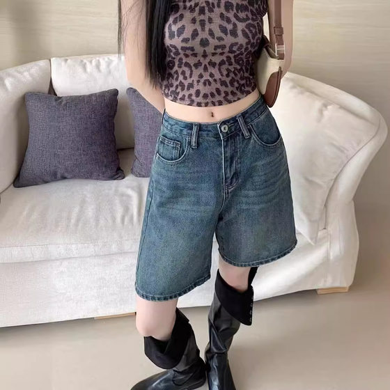Denim Shorts Women's Trendy All-match Summer Thin New High Waist Retro Small Loose Straight Slim Look Five-point Pants
