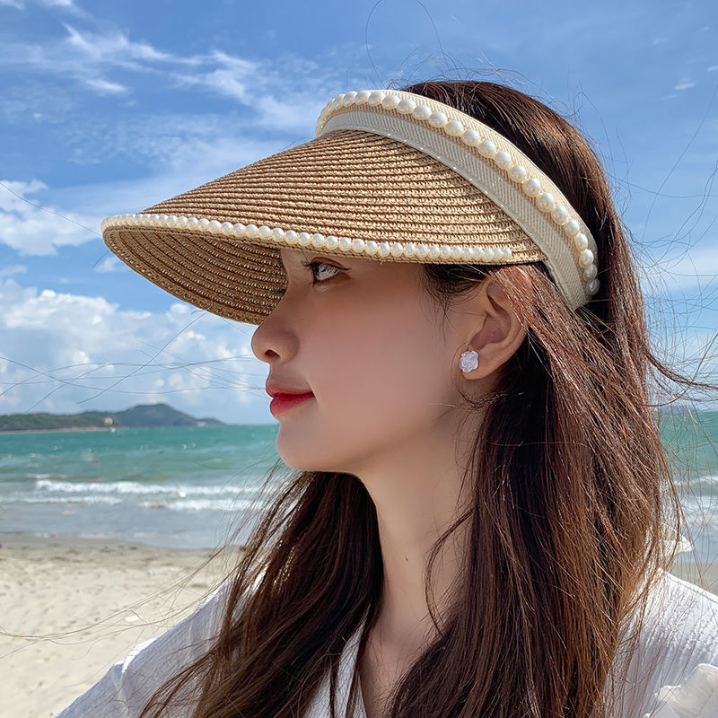 韓版珍珠沙灘草帽女空頂遮陽鴨舌防曬帽草編帽子2021夏季網紅新款