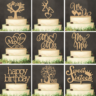 Factory wholesale wooden cake insert birthday party wedding gifts English letters wooden cake insert card spot