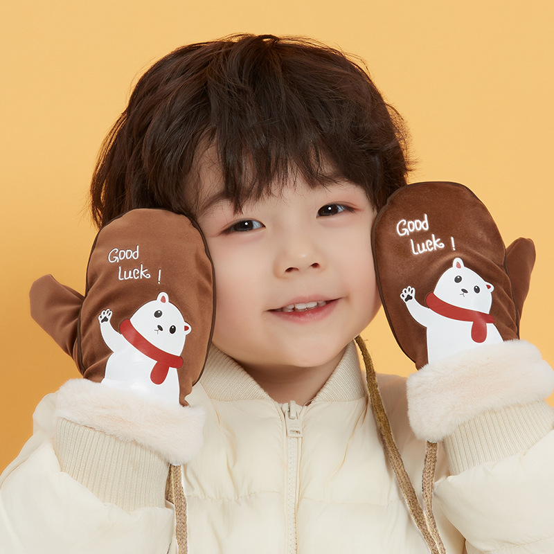Children's Gloves Winter Velvet Thickened Warm Thickened Windproof for Boys and Girls Children Students Cute Baby Playing with Snow