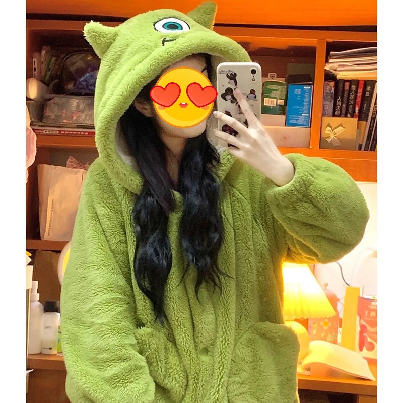 Cute big-eyed hooded coral fleece pajamas for women 2023 new winter single-eye monster nightgown home wear winter