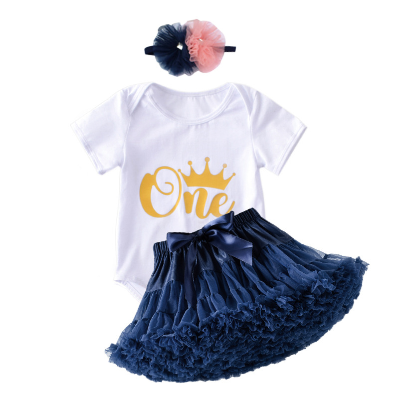 Girls' Printed Short-sleeved Harper Suit European and American Style Infant's One Year Birthday Dress Newborn Climbing Dress for Summer