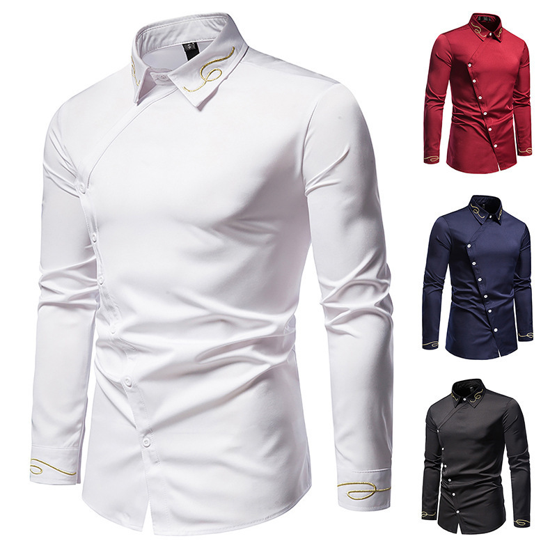 Spring and Autumn New European Size Men's Embroidered Asymmetrical Long Sleeve Shirt AliExpress Amazon Men's Large Size Thin Shirt