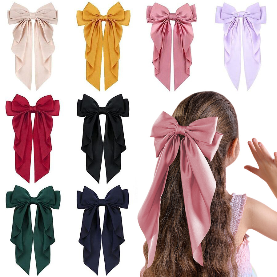 Cross-border Explosions Satin Bow Hairpin Vintage Oversized Solid Color Long Ribbon Back Head Spring Clip Hairpin for Women - ShopShipShake