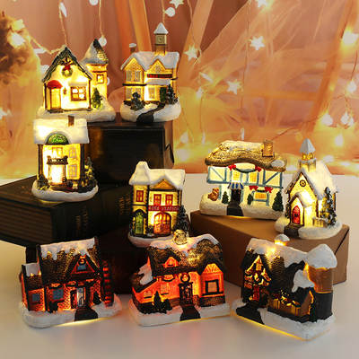 Cross-border New Christmas Decorations Resin Small House Micro Landscape Resin House Christmas Creative Luminous Small House