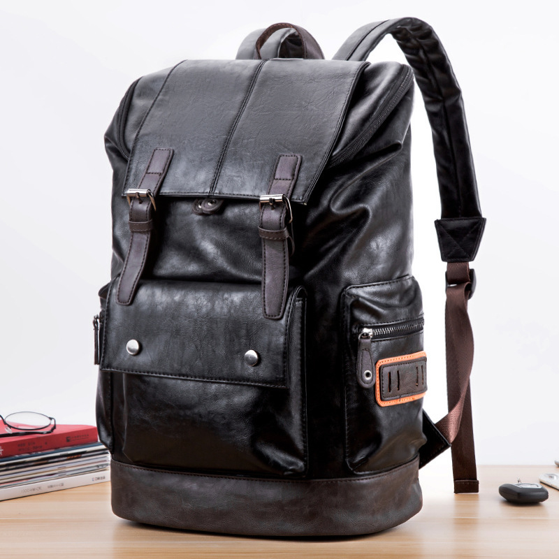 Fashionable Korean Style Men's PU Leather Backpack Simple Large Capacity Travel Backpack Student School Bag Computer Bag Shoulder Bag