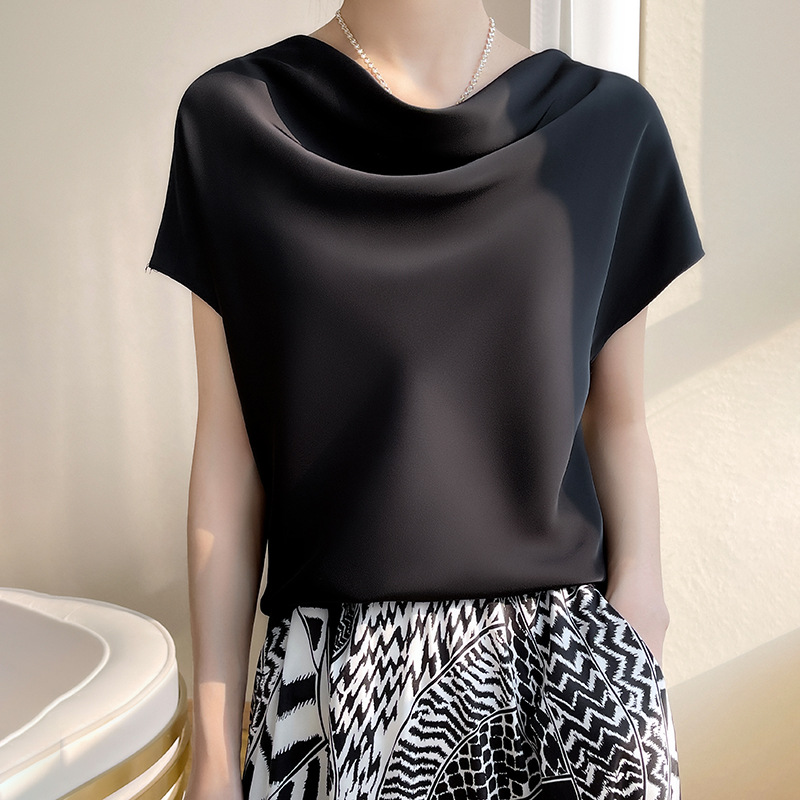 Silk Silk Satin 2024 Spring and Summer New Short Women's French Neck Elegant T-Shirt Simple Short Sleeve plus size Top