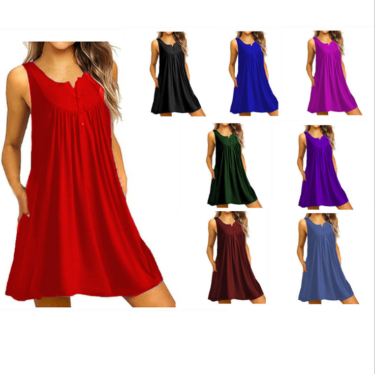 Spring and Summer 2021 New European and American Women's Pajamas Wish Amazon Button Pleated Vest Casual Sleeveless dress