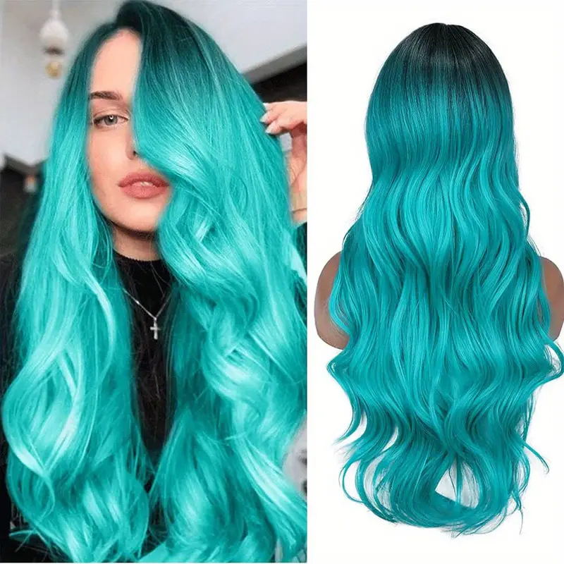 wig female gradient color partial big wave long curly hair natural fluffy holiday party_voghion.com