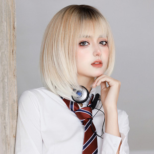 Wig women's short hair gradient color short straight hair full top straight bangs white tea gradient head cover fashion women's group full head cover