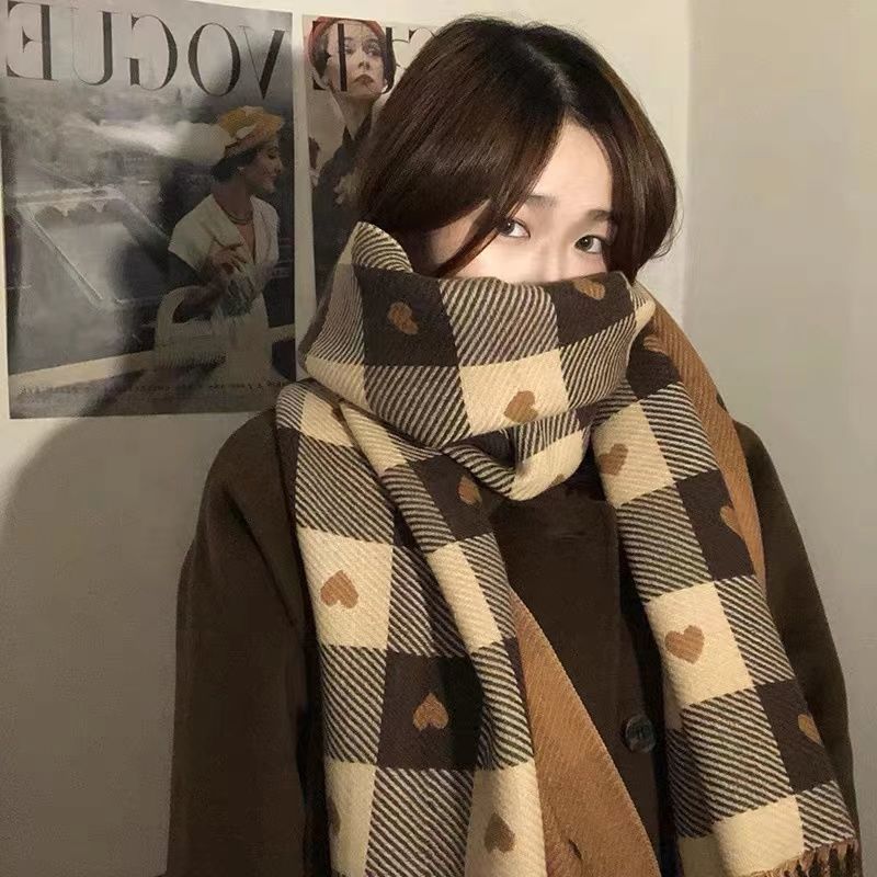Red Riding Book with Double-sided Love Cashmere Plaid Scarf Women's Winter Tassel Korean Style Retro Long Shawl Scarf