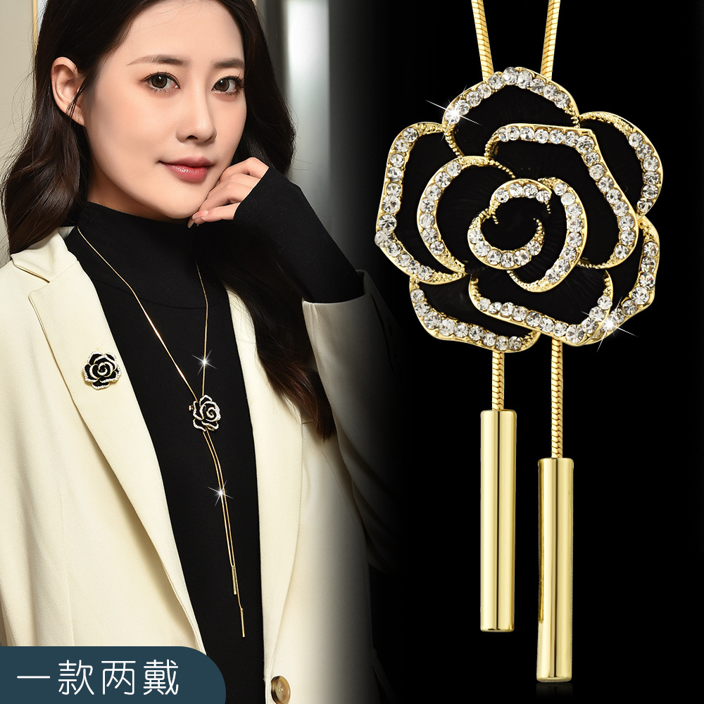 禮服配飾一款兩戴秋冬玫瑰花朵毛衣鏈氣質百搭胸花長款項鍊女批發