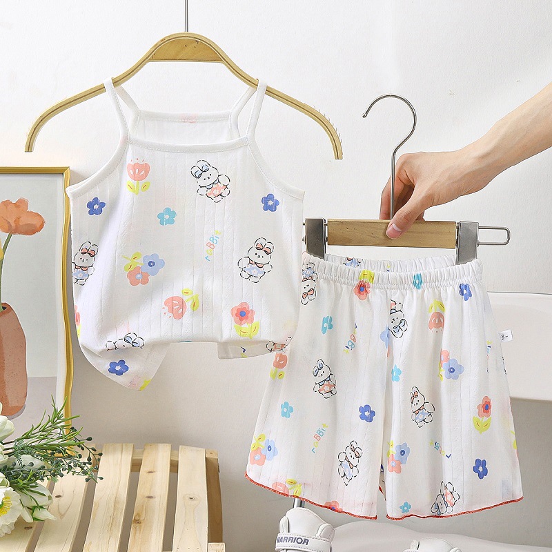 Children's Suspenders Skirt Suit Summer Girl's All Cotton Pajamas Home Clothes Sweat Absorbing Vest Skirt Baby Air-conditioning Suit