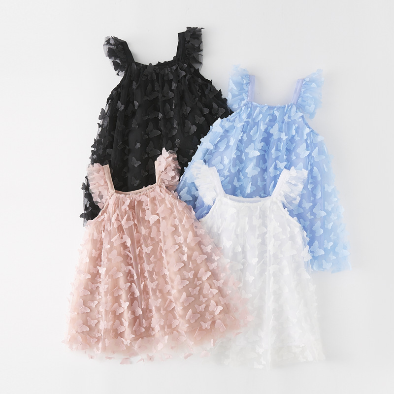 2023 Children's Skirt Summer New Butterfly 3D Embroidered Girl's Veil Skirt Flying Sleeve Dress Strap Princess Skirt Spot Hair