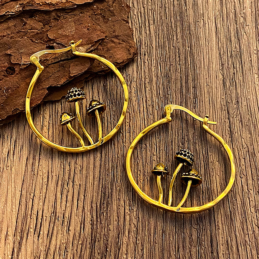 Vintage Ancient Silver Branch Ring Earrings Carving Ancient Silver Ethnic Mushroom Tribal Pendant Earrings Women's Jewelry
