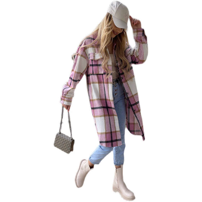 Amazon AliExpress New European and American Style Straight Single Breasted Plaid Long Sleeve Shirt Large Size Jacket