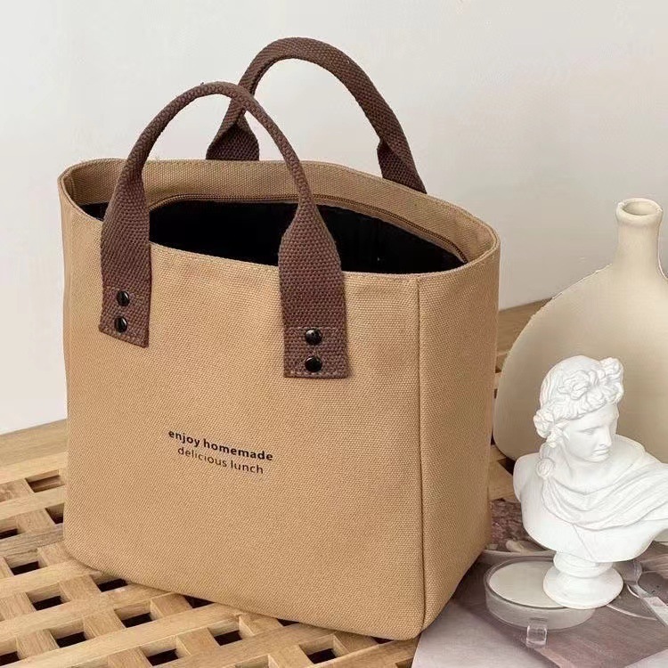 Cross-border new canvas solid color handbag Japanese-style office worker simple lunch box bag contrast color shoulder bag factory wholesale
