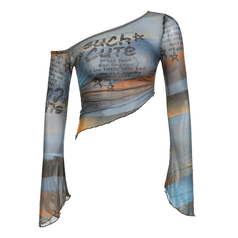 Hot girl y2g contrast color oblique shoulder letter printed mesh bell sleeve T-shirt irregular hem niche navel-exposed short top