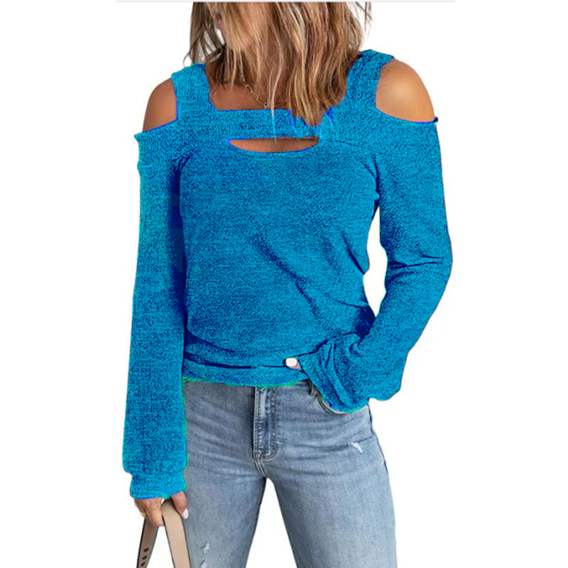 Autumn and Winter 2022 Europe and America Cross-border Amazon wish Women's Fashion Casual Solid Color Shoulder Loose Long Sleeve T-shirt for Women