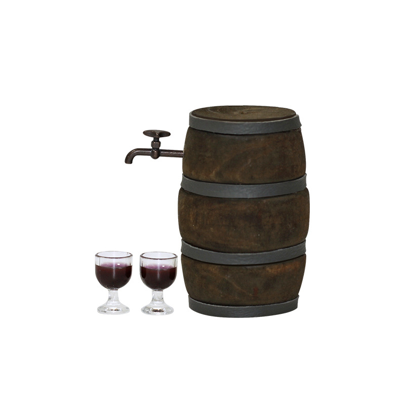 Miniature dollhouse winery scene retro Mini 1 red wine barrel +1 tap +2 glass N116